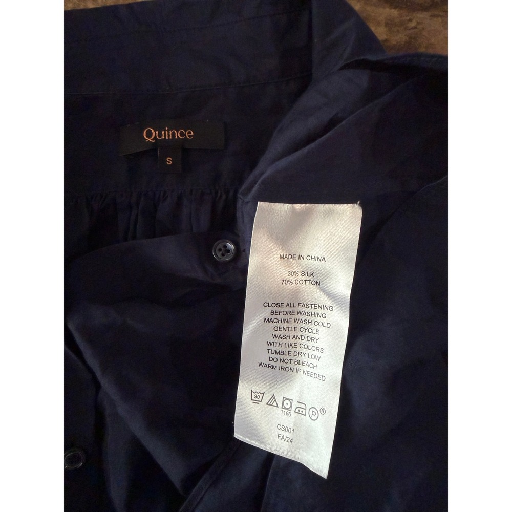 QUINCE Navy Blue Silk Cotton Blend Short Sleeve Button Up Blouse Top Small - Picture 7 of 8